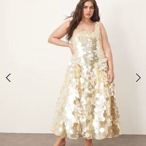 NWT ASOS ARRANGE Curve Embellished Disc Sequin Square Neck Full Skirt Midi Dress